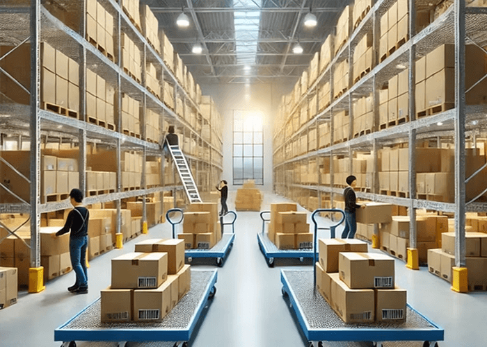 A large, brightly lit warehouse with tall shelves packed with cardboard boxes and several workers moving inventory.