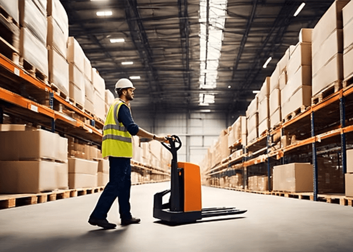 A warehouse worker in a hard hat and safety vest operating a pallet jack in a long aisle of a warehouse filled with boxes.