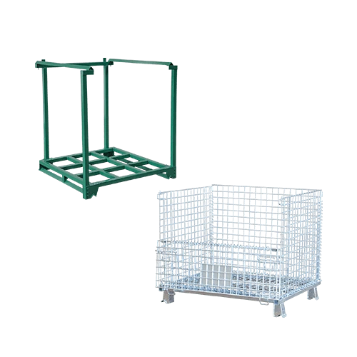 Material handling equipment - green pallet cage and silver pallet mesh