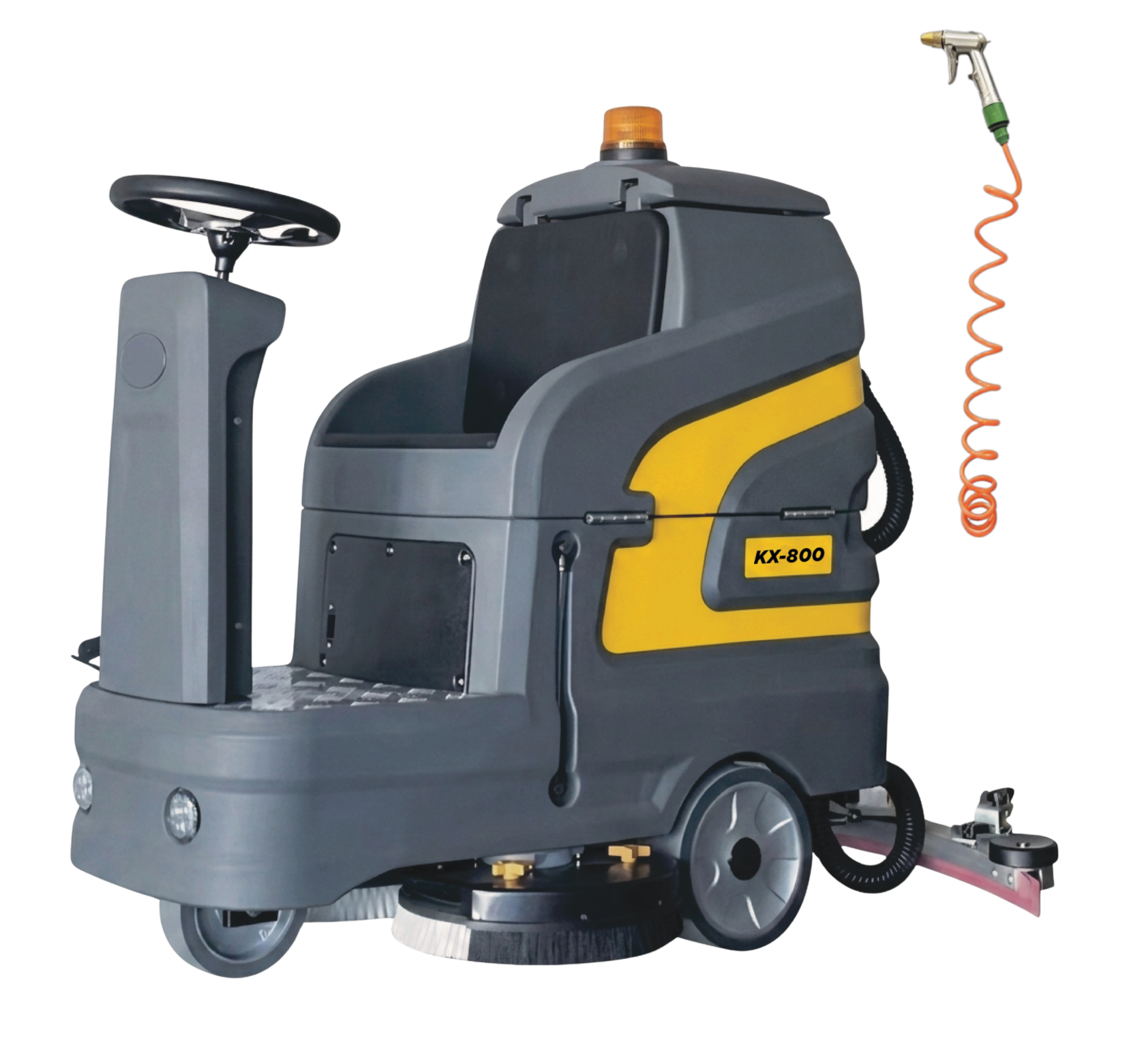 Ride-on floor scrubber machine cleaning a warehouse floor