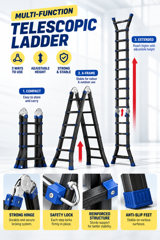 Komada BLG multi-function telescopic ladder shown in compact, A-frame and fully extended configurations with adjustable height, safety locks, reinforced structure and anti-slip feet.